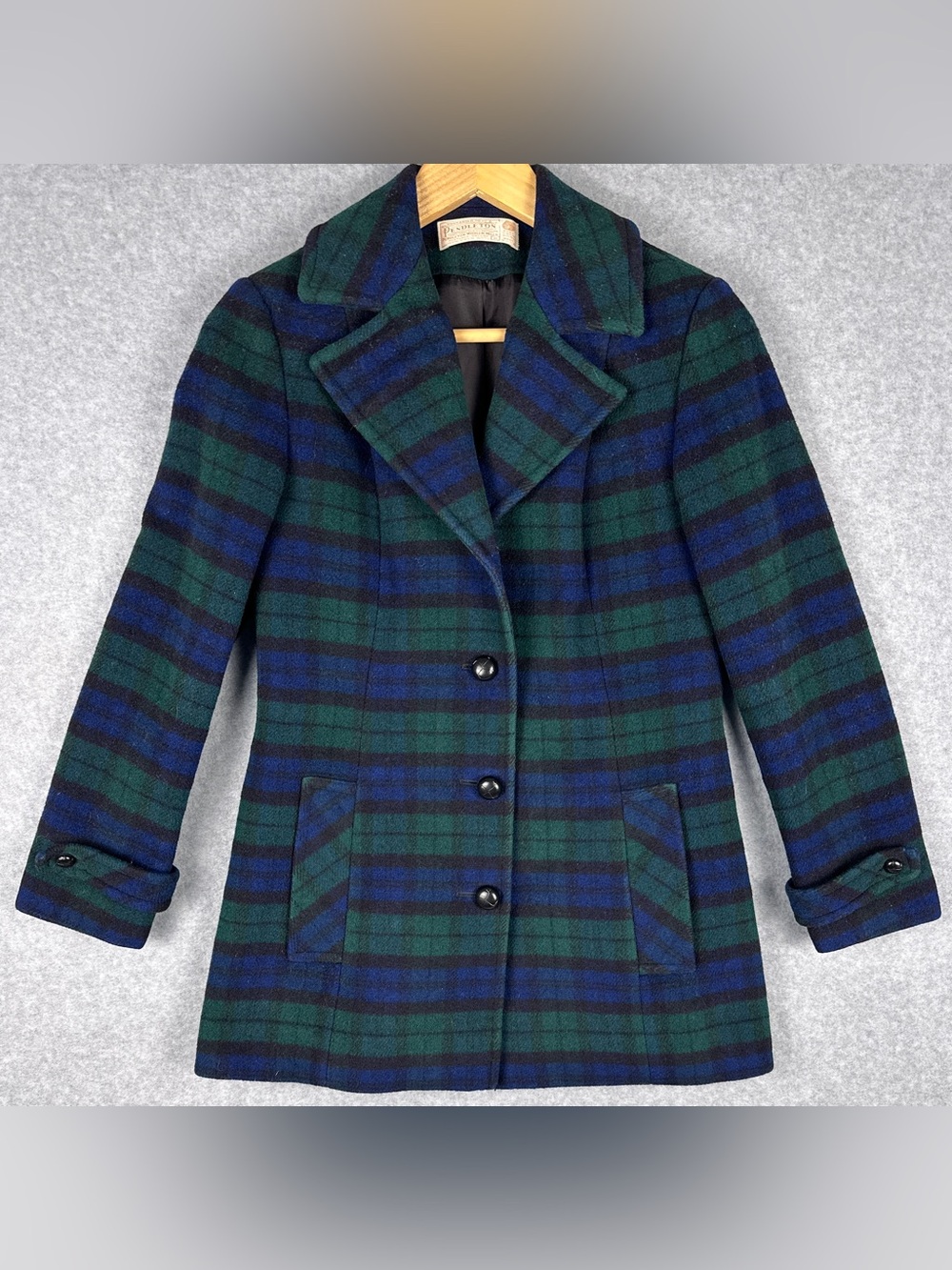 Vintage Pendleton Wool Coat Womens Small Black Watch Plaid Made USA
